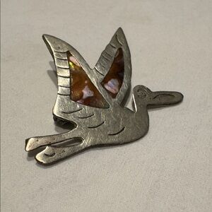 VINTAGE SILVER TONE PELICAN BROOCH ABALONE INLAY WINGS FLYING PIN Brown Cream